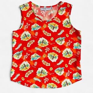 Vintage Howard Wolf Rayon Tropical Red Aloha Hawaiian Hula Dancer Tank Top